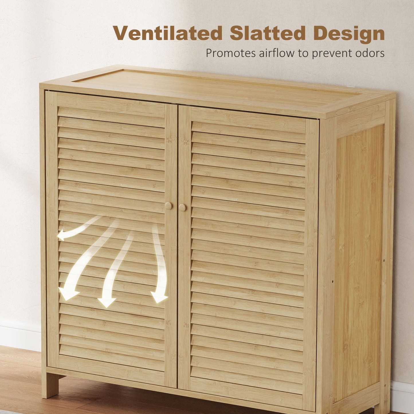 Bamboo Shoe Cabinet with Louvered Doors, 14 Pairs Shoe Storage Cabinet with Adjustable Shelves for Hallway, Natural