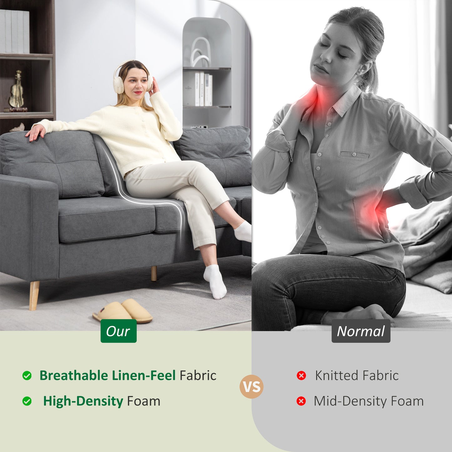 3 Seater Sofa with Footstool, Fabric L-Shaped Sofa, Sectional Couch with Wood Legs, Tufting Cushioned Back for Small Space