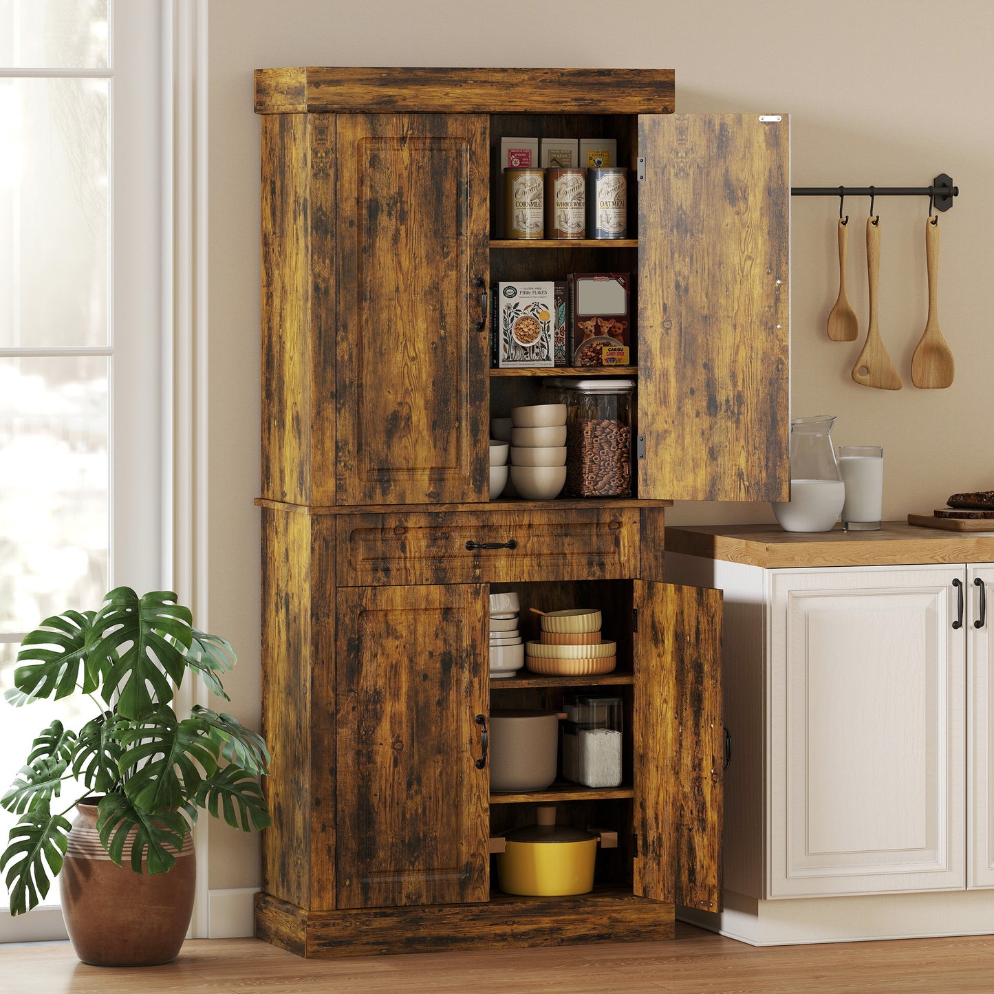 Tall Kitchen Cupboard, Kitchen Pantry Cabinet with Drawer, Shelves, Brown