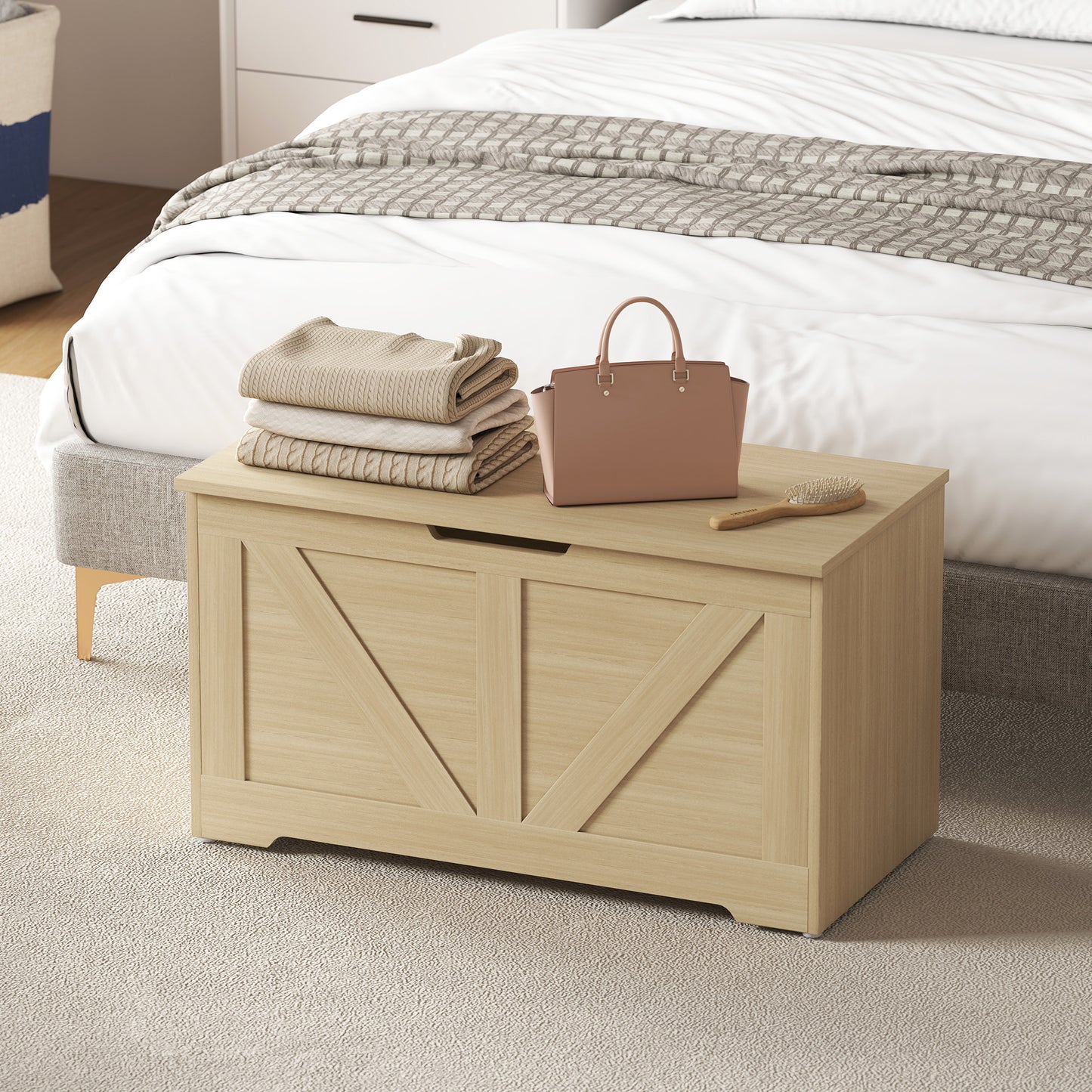100L Home Storage Box, with Safety Hinge - Natural Wood Finish