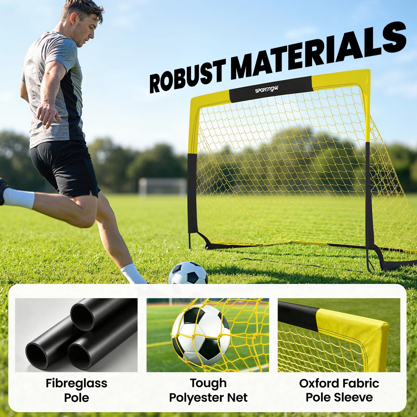 Pop Up Football Goal, Portable Folding Football Net with Carry Bag, 4 U-Shaped Ground Stakes, Fibreglass Pole