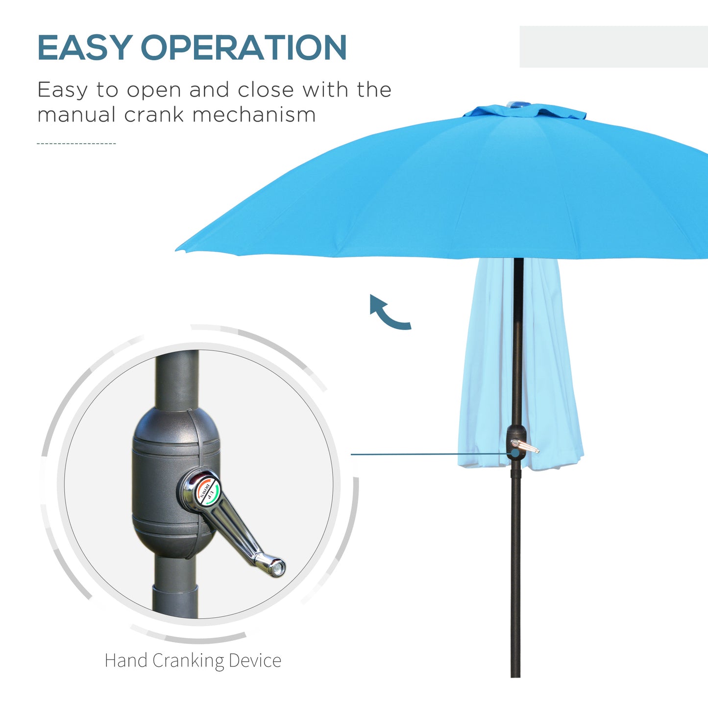 2.5m Shanghai Garden Parasol Umbrella with Crank & Tilt, Adjustable Outdoor Sun Shade, Blue
