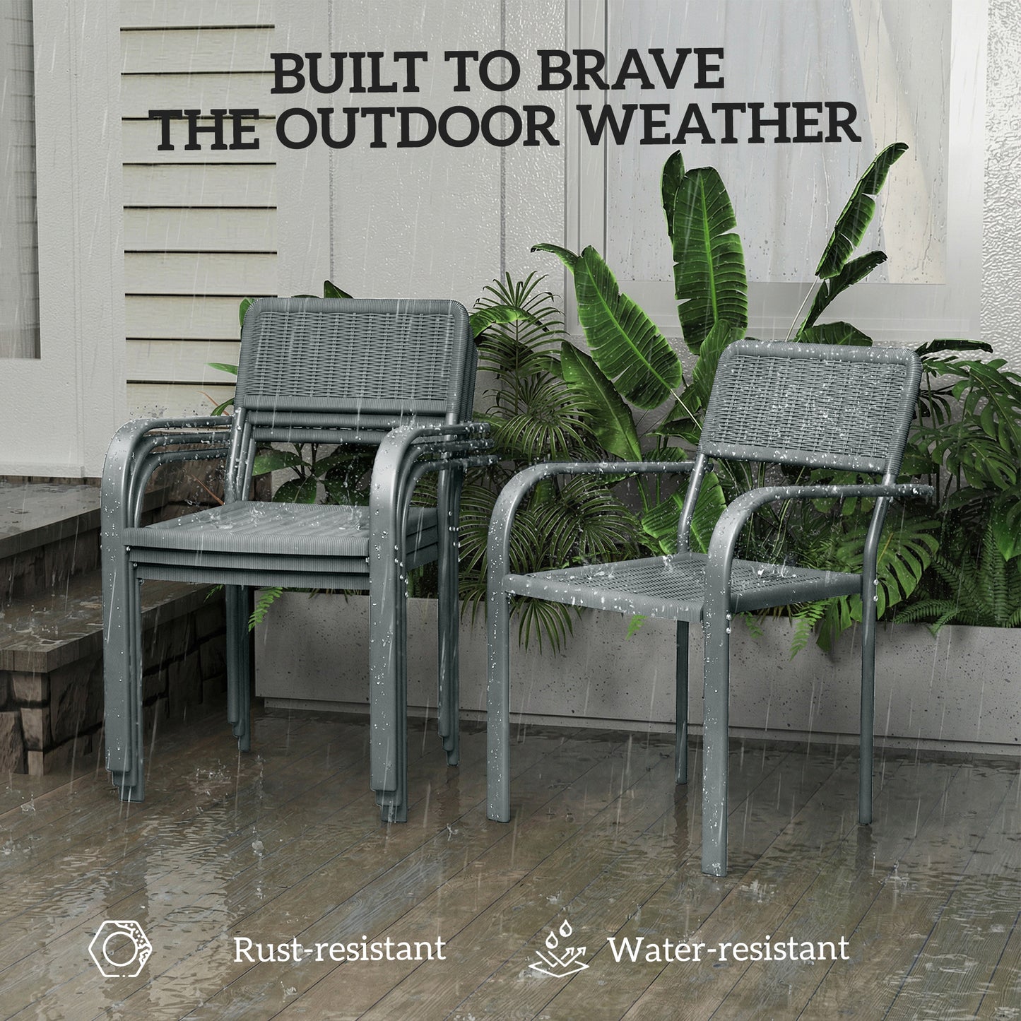 Stackable Garden Chairs Set of 4, Rattan Effect Outdoor Dining Chairs, Light Grey