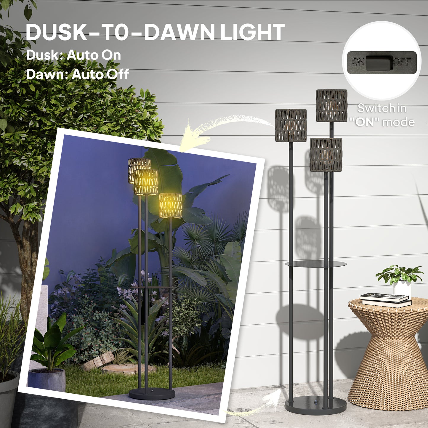 Boho Rattan Floor Lamp, 3-Lights Rattan Lamp with Shelf, Freestanding Solar Garden Light with Auto On/Off Lights, Grey