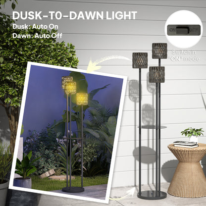 Boho Rattan Floor Lamp, 3-Lights Rattan Lamp with Shelf, Freestanding Solar Garden Light with Auto On/Off Lights, Grey