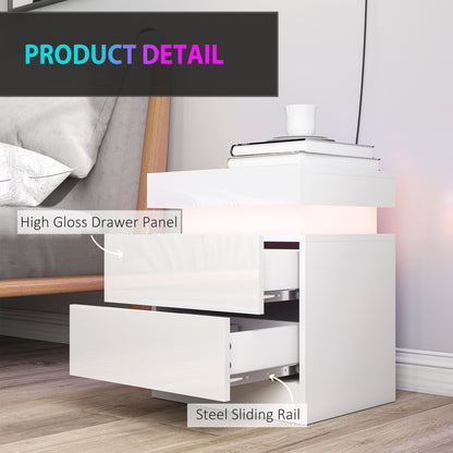 White Bedside Table with LED Light, High Gloss Front Nightstand with 2 Drawers, for Living Room, Bedroom, Set of 2