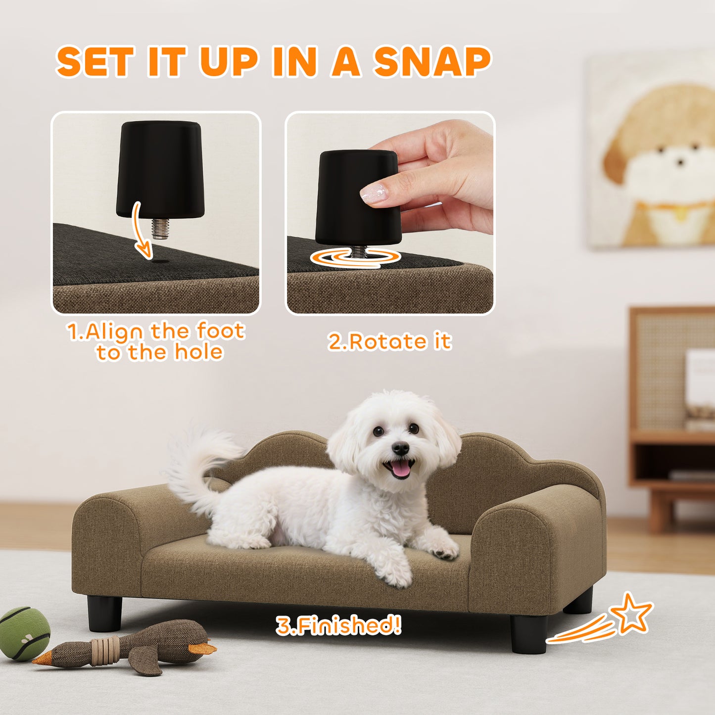 Elevated Dog Sofa Bed, Breathable Pet Sofa with Backrest and Armrest for Small Dogs, Brown