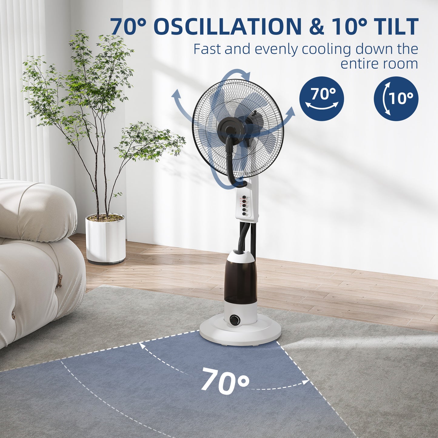 Spray Misting Fan, Floor Fan with Water Mist Spray, 70° Oscillation, Tilt Head, 3 Speeds, 2.8L Water Tank, White