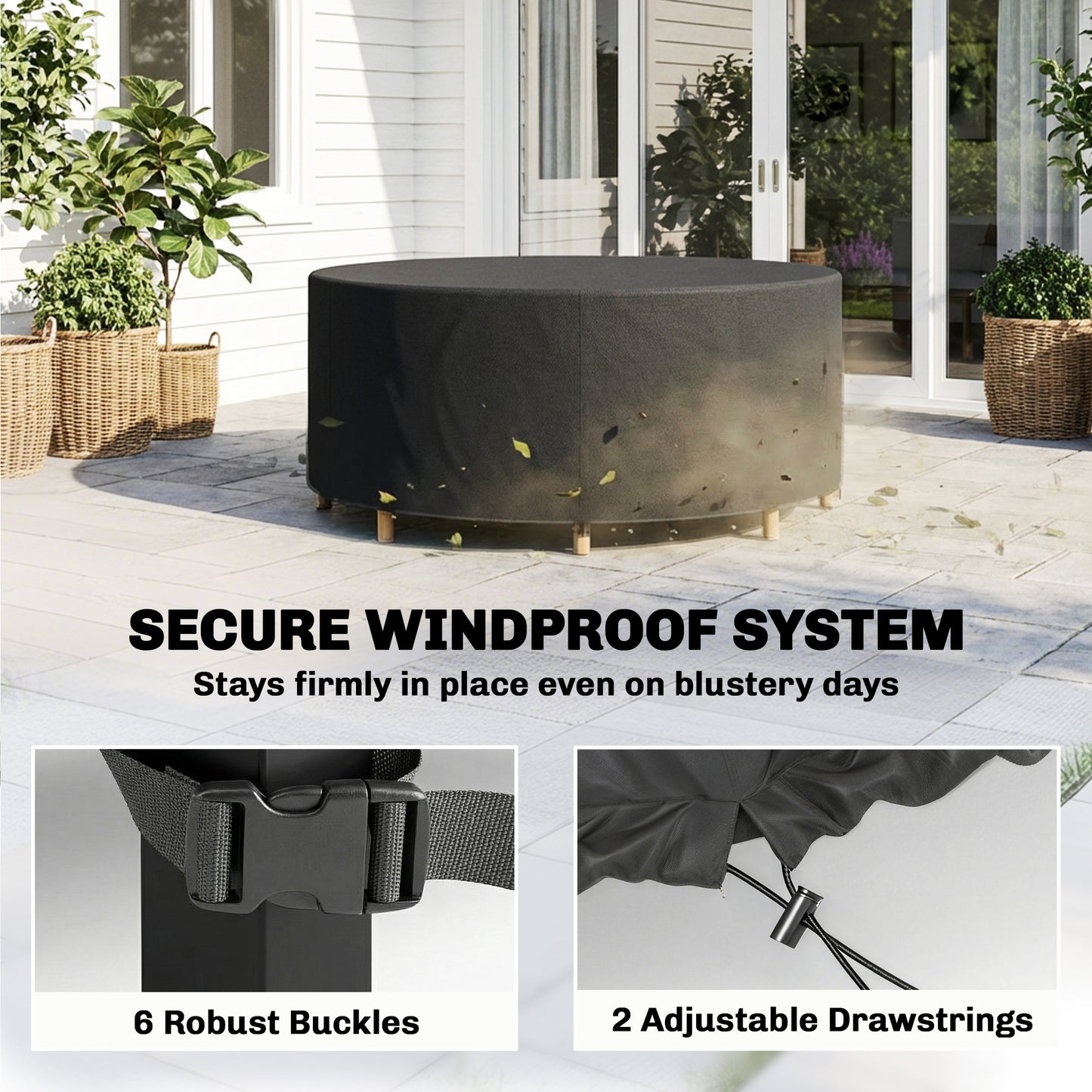 Round Garden Furniture Cover, Waterproof Garden Table Cover, 420D Heavy Duty Oxford for Outdoor, Dia.214 x 70 cm, Black