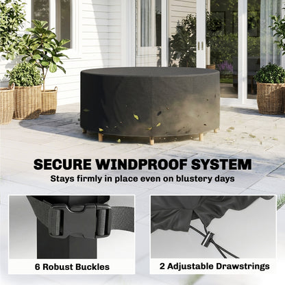 Round Garden Furniture Cover, Waterproof Garden Table Cover, 420D Heavy Duty Oxford for Outdoor, Dia.214 x 70 cm, Black