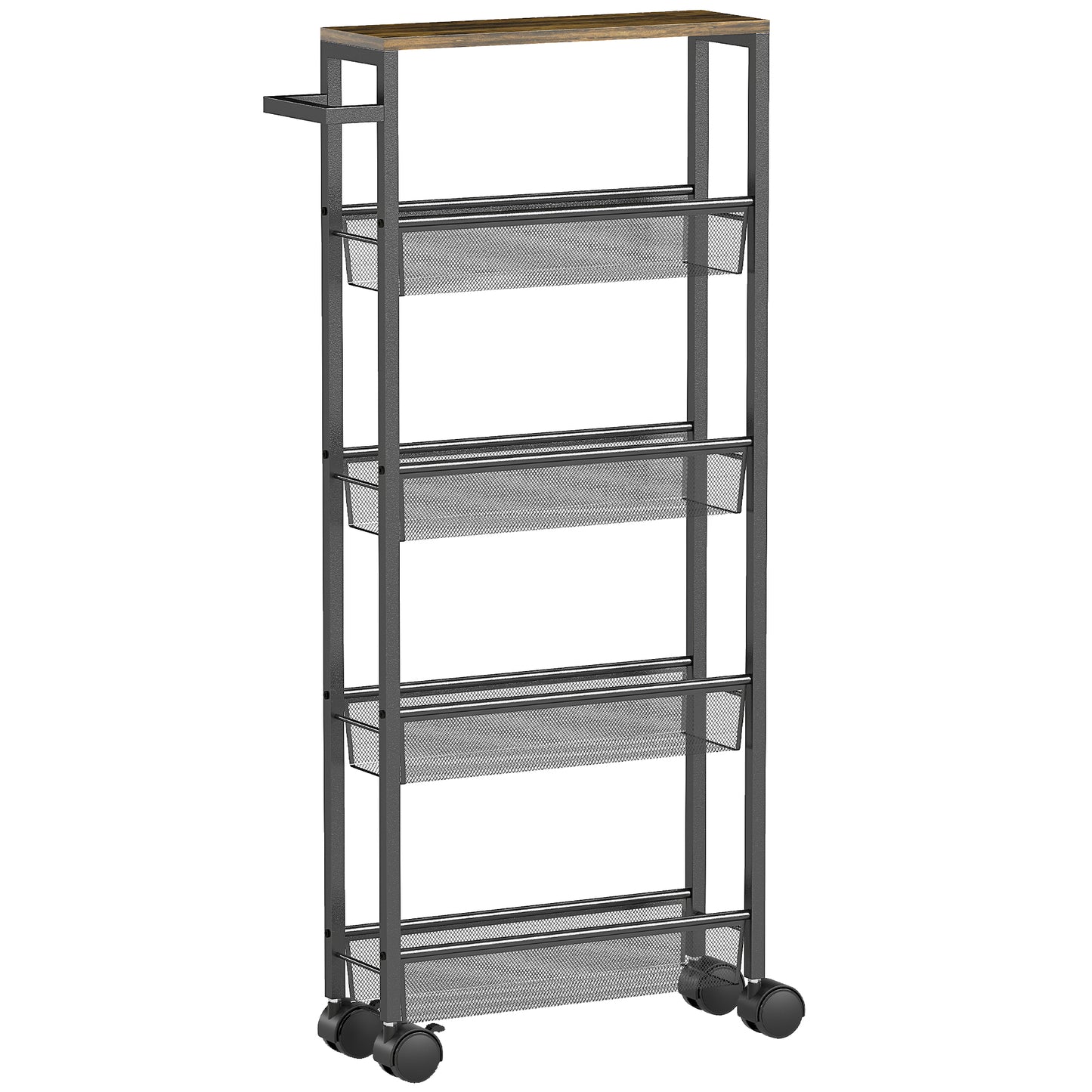 Slim Storage Trolley, 5-Tier Kitchen Cart on Wheels with Wood-effect Top, Handle for Living Room, Bathroom, Black