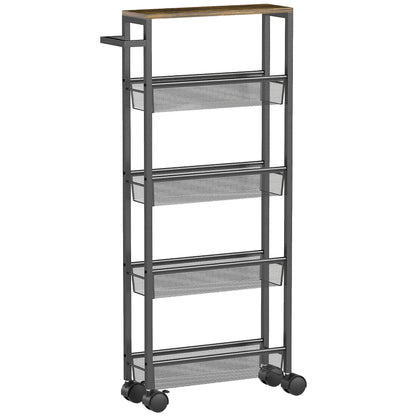 Slim Storage Trolley, 5-Tier Kitchen Cart on Wheels with Wood-effect Top, Handle for Living Room, Bathroom, Black