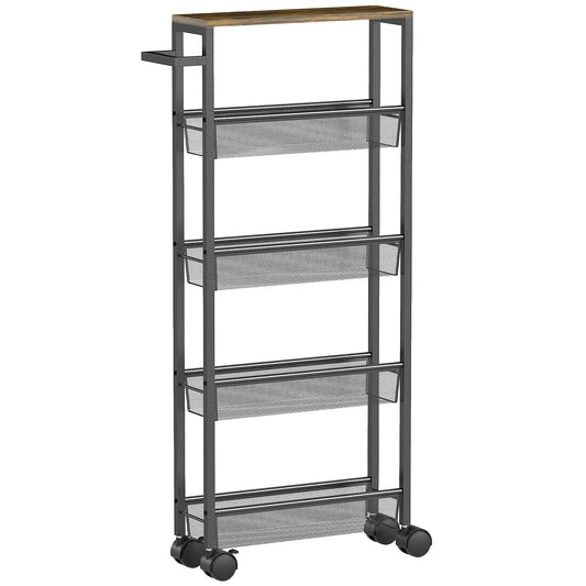 Slim Storage Trolley, 5-Tier Kitchen Cart on Wheels with Wood-effect Top, Handle for Living Room, Bathroom, Black