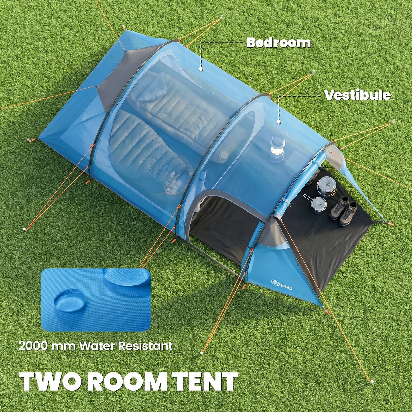 2 Man Tunnel Tent with Sewn-in Groundsheet, Air Vents, Rainfly, 2000mm Large Camping Tent with Bedroom, Porch