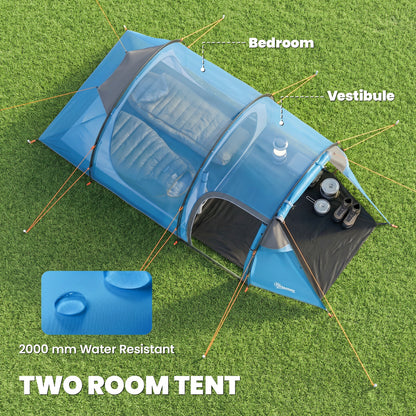 2 Man Tunnel Tent with Sewn-in Groundsheet, Air Vents, Rainfly, 2000mm Large Camping Tent with Bedroom, Porch