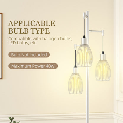 3-Light Floor Lamp, 170cm Industrial Dimmable Standing Lamp with Steel Wire Cage Lampshades for Living Room, Bedroom