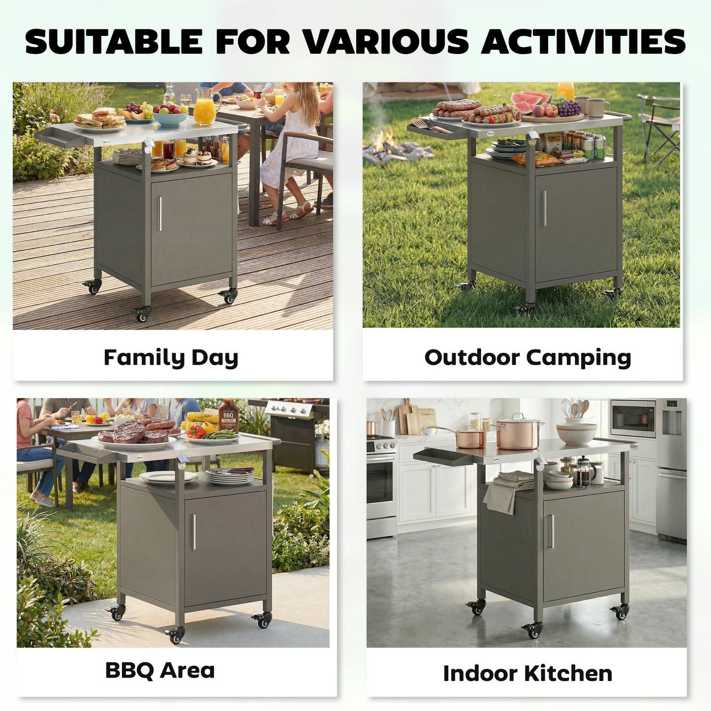 Grill Cart with Stainless Steel Top, Pizza Oven Stand with Cabinet, Spice Rack, Towel Holder, Bottle Opener, Brown