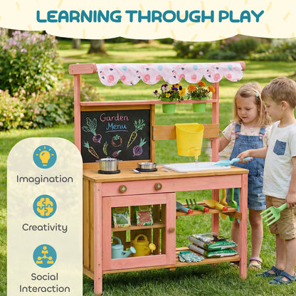 Kids Mud Kitchen with Canopy, Outdoor Wooden Play Kitchen with Planter Box, Accessories for Age 3-6, Pink