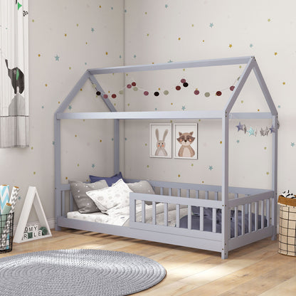 House-Shaped Kids Bed Frame with Guard Rails, Solid Pine Wood Single Bed Frame for Kids Boys and Girls, Grey