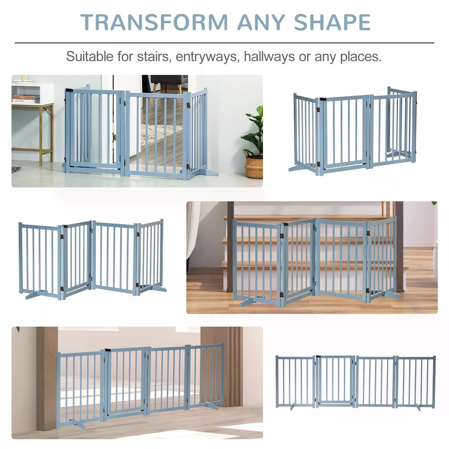 Pet Gate Wooden Foldable Dog Safety Barrier w/ 4 Panels for Small and Medium Dogs Blue