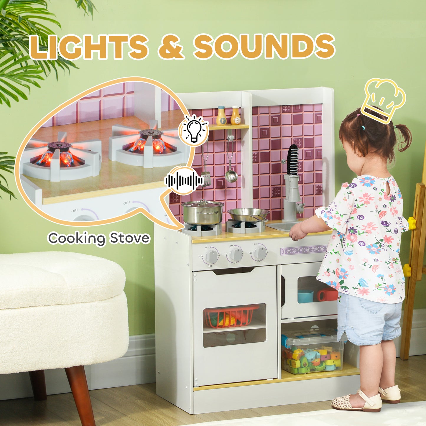 Kids Play Kitchen, Pretend Play Kitchen with Realistic Oven, Stove, Sink, Kitchen, Accessories, White