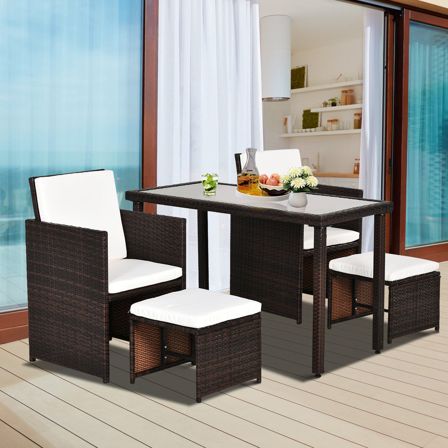 2 Seater Rattan Cube Garden Furniture Set, Rattan Dining Set with Cushions, Outdoor Dining Table and Chairs with 2 Armchairs