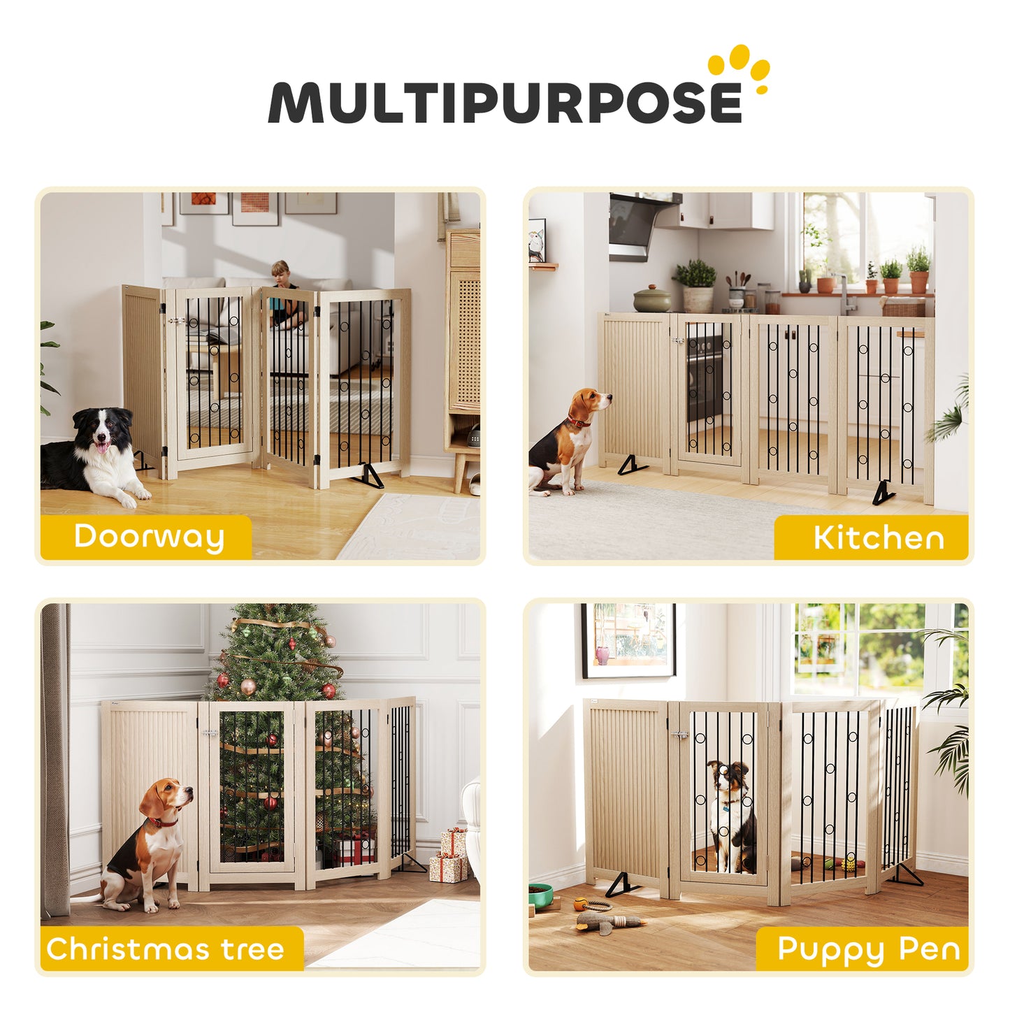 4 Panel Freestanding Pet Gate, Indoor Dog Barrier with Lockable Door, Support Feet, 360° Flexible Hinges, Oak