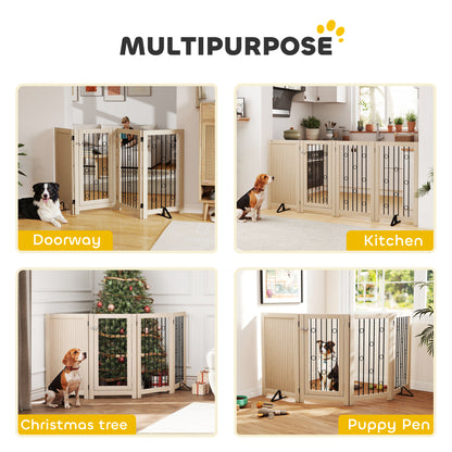 4 Panel Freestanding Pet Gate, Indoor Dog Barrier with Lockable Door, Support Feet, 360° Flexible Hinges, Oak