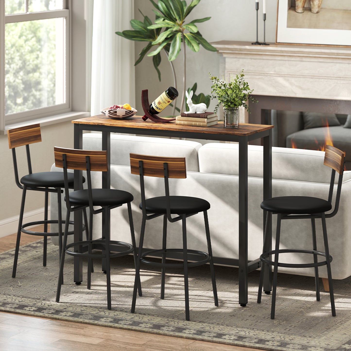 Rectangular Bar Table, Wood Effect Pub Coffee Table for Small Space, Breakfast Dining, Kitchen, Industrial, Rustic Brown