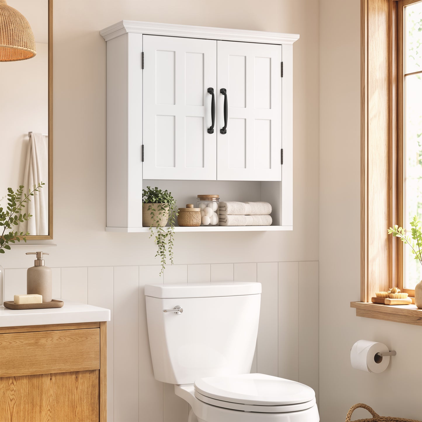 Bathroom Wall Cabinet, Medicine Cabinet, Kitchen Cupboard with 2 Doors and Adjustable Shelf, White