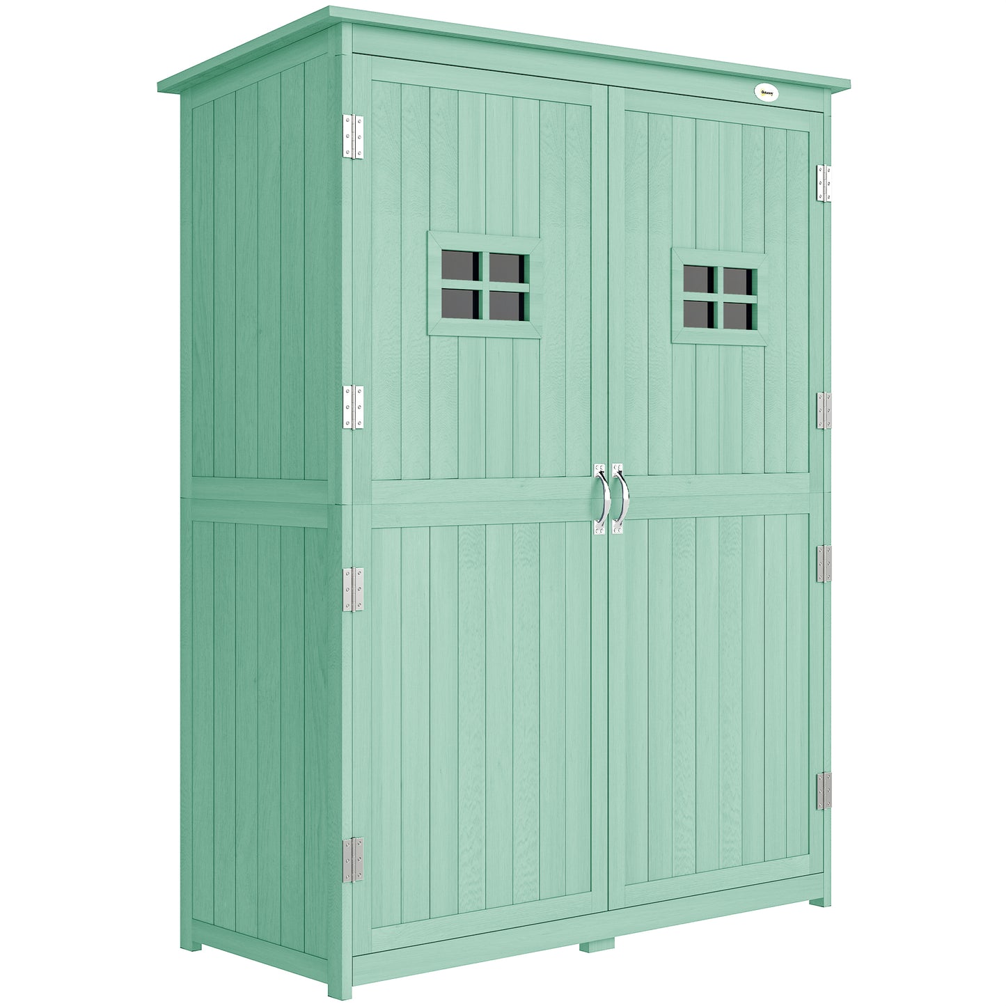 Wooden Garden Shed with Two Windows, Tool Storage Cabinet, Outdoor Double Door organiser 127.5L x 50W x 164H cm, Green