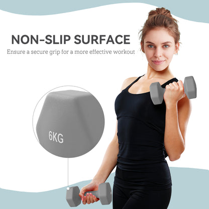 2 x 6kg Hexagonal Dumbbells Weights Set with Non-Slip Grip for Home Gym Workout, Grey