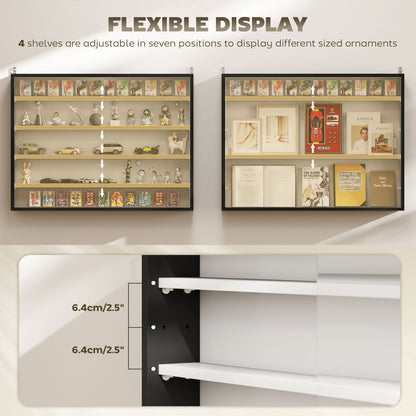 5-Tier Wall Display Cabinet, Wall Mounted Display Case w/ 4 Adjustable Shelves, Glass Doors, 60x80cm, Black and White