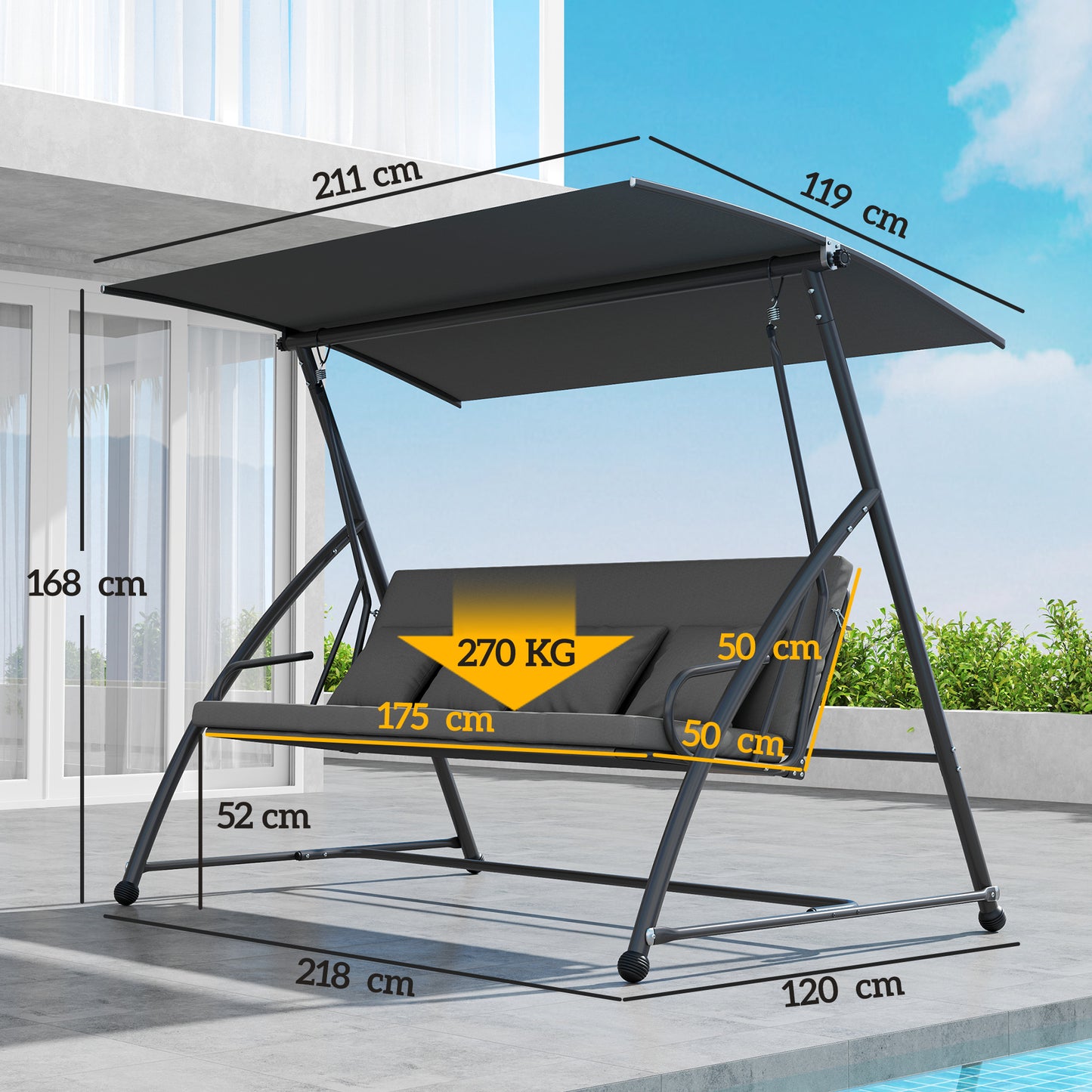 Outdoor 2-in-1 Swing Chair Lounger 3 Seater Garden Swing Seat Bed Convertible Tilt Canopy W/ Cushion, Dark Grey