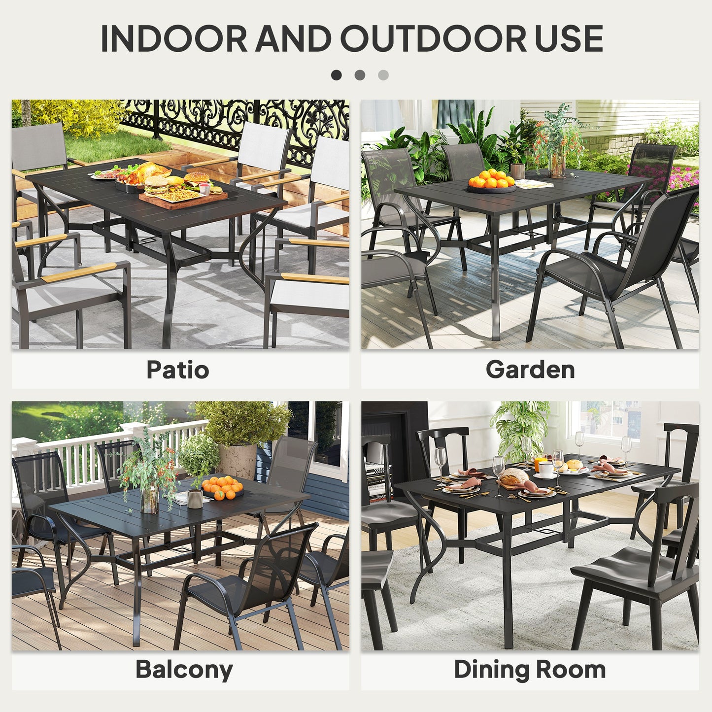 Garden Dining Table with Parasol Hole, Patio Table with Steel Frame and Slat Tabletop, Black