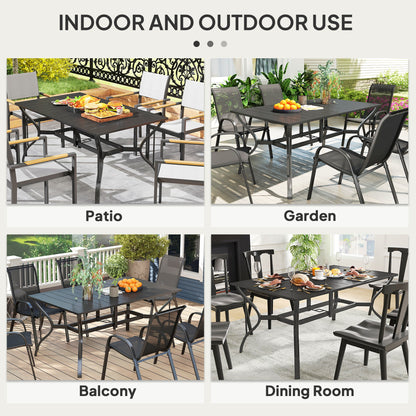 Garden Dining Table with Parasol Hole, Patio Table with Steel Frame and Slat Tabletop, Black