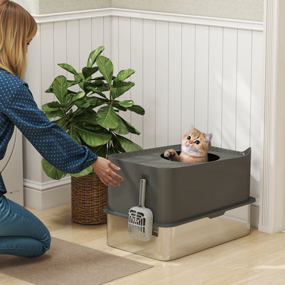 Stainless Steel Cat Litter Tray, Extra Large Enclosed Litter Box with Scoop, Top Entrance, Non-slip Pads, Dark Grey