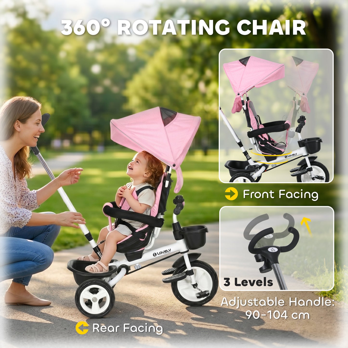 Metal Frame 6 in 1 Baby Push Tricycle with Parent Handle for 1-5 Years Old, Pink