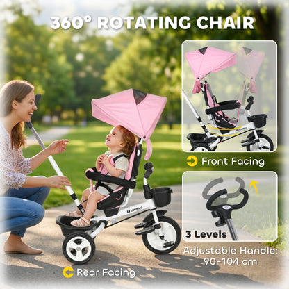 Metal Frame 6 in 1 Baby Push Tricycle with Parent Handle for 1-5 Years Old, Pink