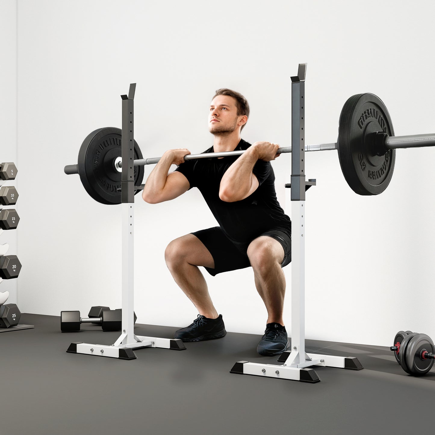 Heavy Duty Weight Bar Barbell Squat Stand Barbell Rack Spotter, for Home, Gym - Black