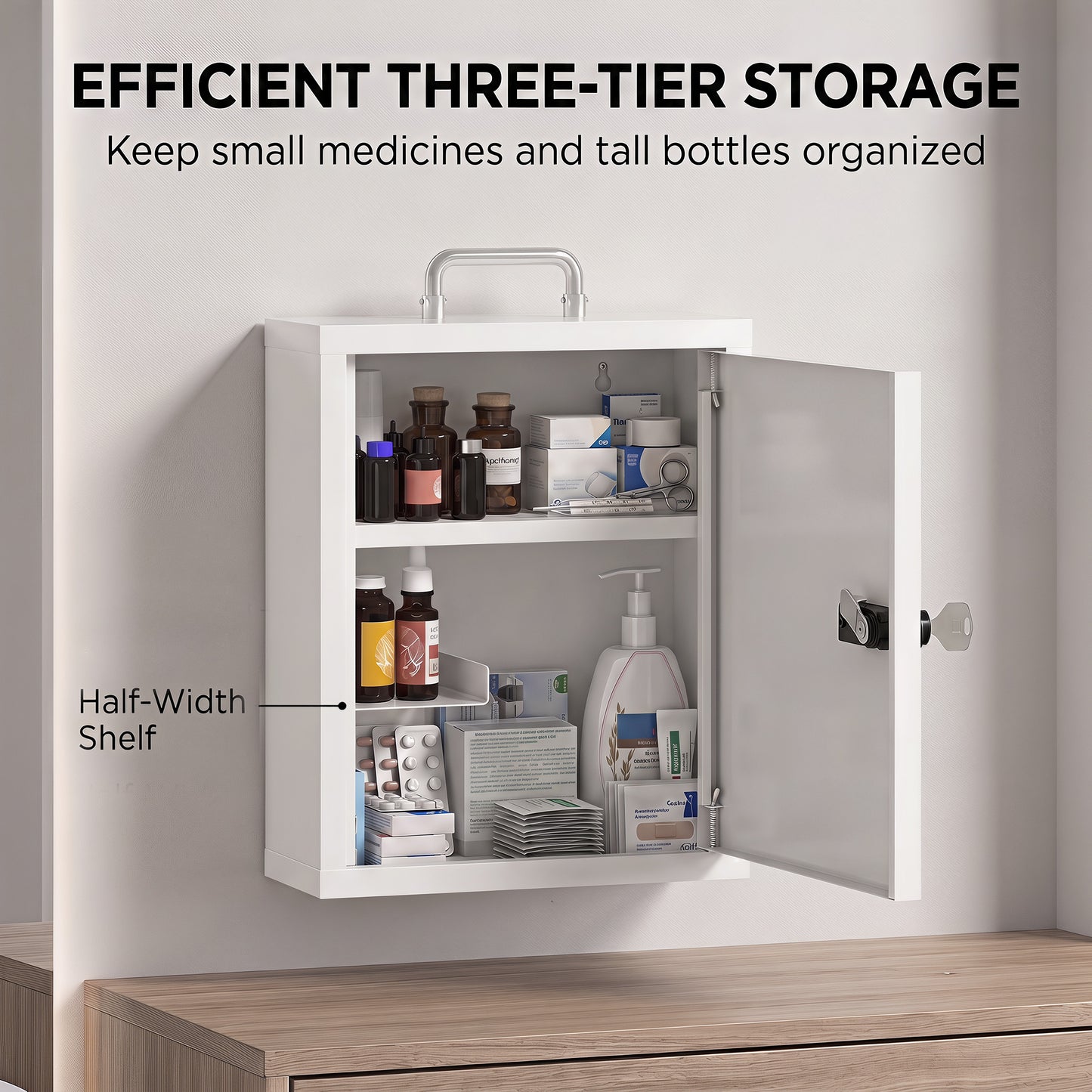 Wall Mount Medicine Cabinet with Combination and Key Lock, 3 Tier Steel First Aid Cabinet, White