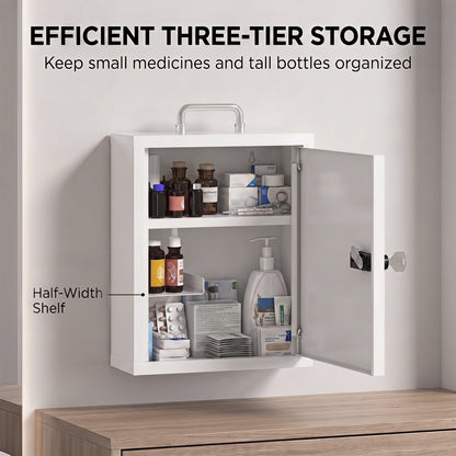 Wall Mount Medicine Cabinet with Combination and Key Lock, 3 Tier Steel First Aid Cabinet, White