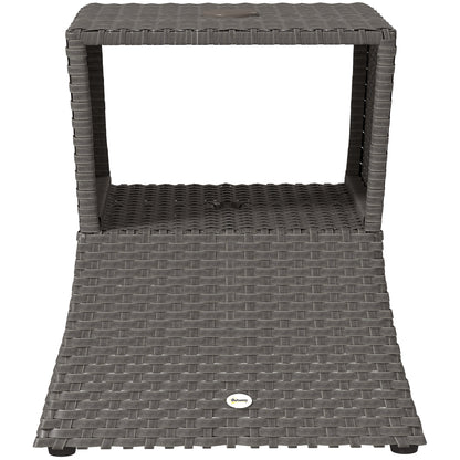 Rattan Outdoor Coffee Table, Wicker Garden Patio Bistro Side Table with Umbrella Hole and Storage Space, Dark Grey