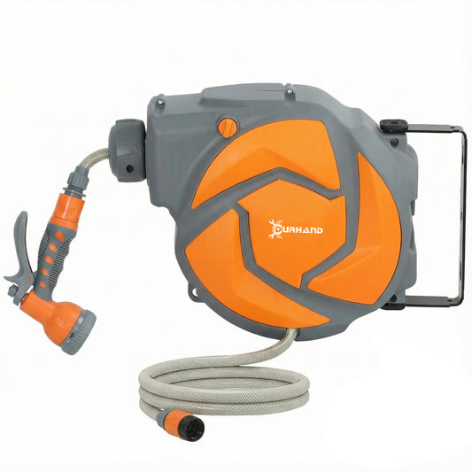 10m Garden Hose Reel Wall Mounted Auto Rewind with 7 Patterns Spray Nozzle, Includes Wall Fixings, Orange