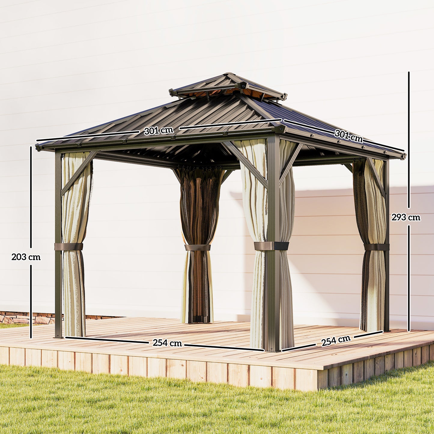 3x3 m Hardtop Gazebo Canopy with UPF50+ Double Galvanised Steel Roof, Aluminium Garden Gazebo Permanent Pavilion, Brown