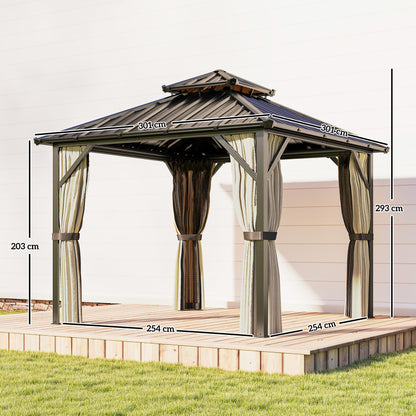 3x3 m Hardtop Gazebo Canopy with UPF50+ Double Galvanised Steel Roof, Aluminium Garden Gazebo Permanent Pavilion, Brown