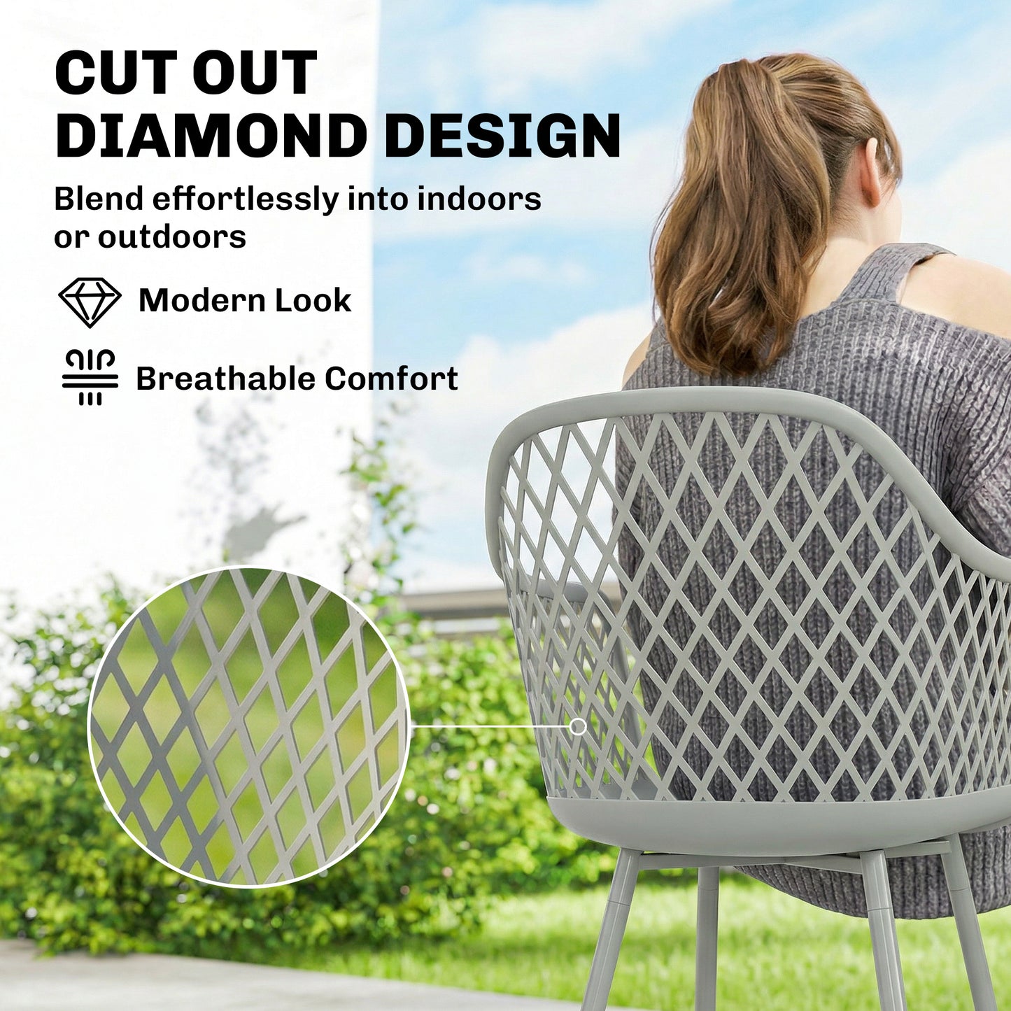 Garden Chairs Set of 4, Garden Dining Chairs with Cut Out Diamond Back and Armrests for Patio, Balcony, Terrace, Grey