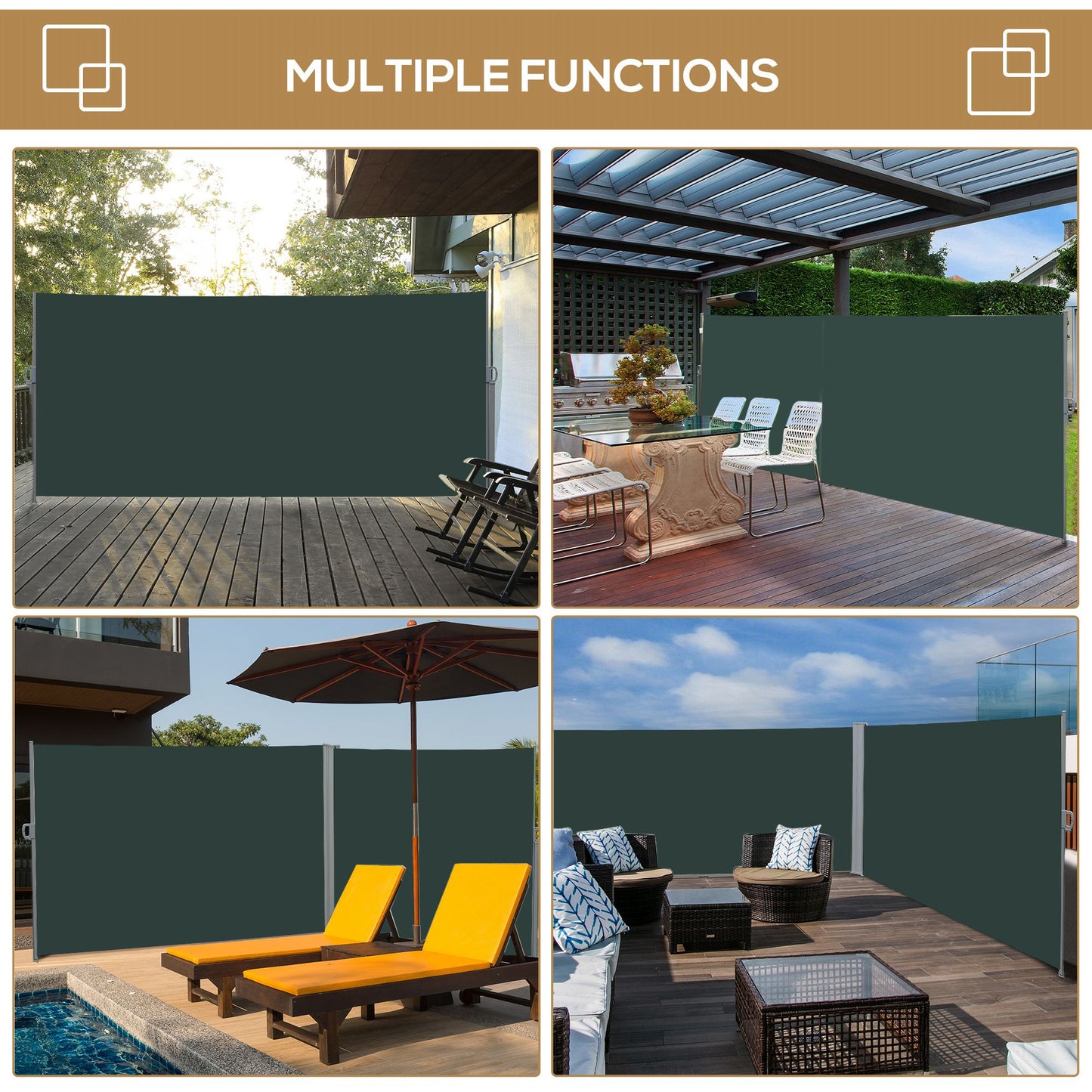 3x2m Retractable Sun Side Awning Screen Fence Patio Garden Wall Balcony Screening Panel Outdoor Blind Privacy Divider, Grey