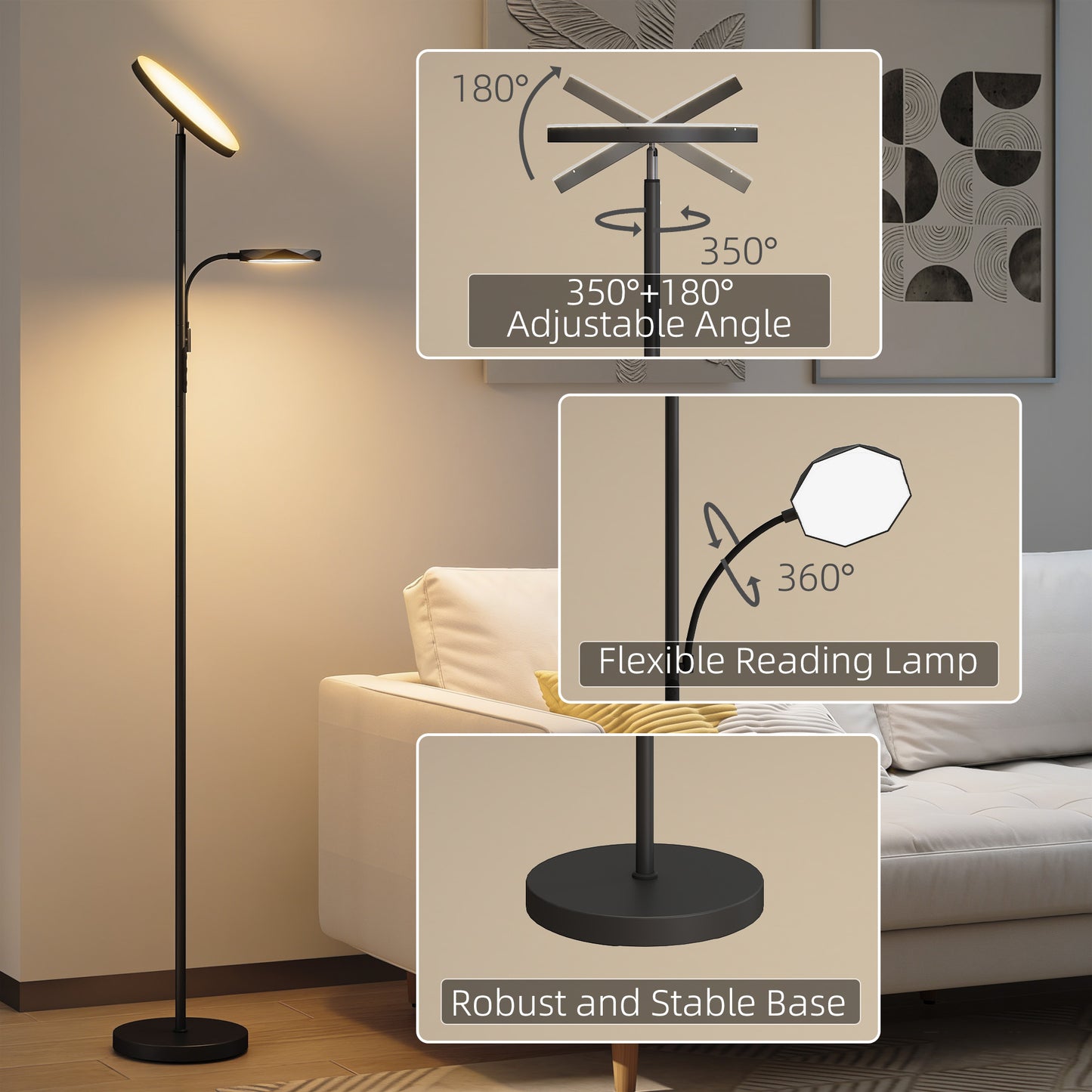 LED Floor Lamp for Living Room, Stepless Dimmable Standing Lamp, Mother and Child Uplighter with Reading Light