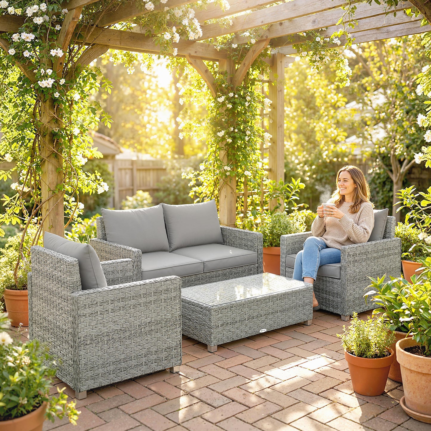 4 Piece Rattan Garden Furniture Set with Loveseat, 2 Armchairs, Glass-Top Table, Wicker Patio Conversation Set, Grey